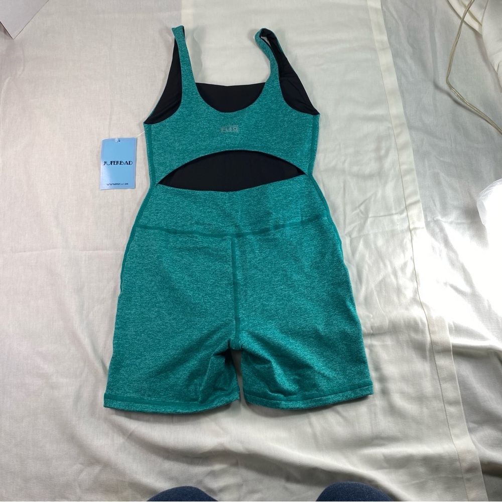 Fleo Bodysuit Women's Heather Teal Open Back Jumpsuit One Piece NWT - Picture 2 of 12